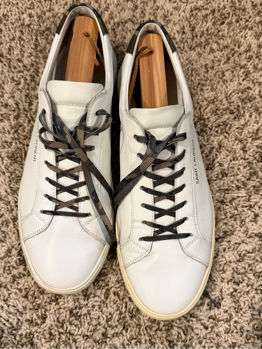 Saint Laurent White Leather Sneakers with Black Camouflage Laces